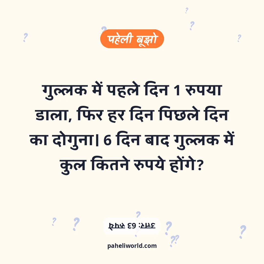 पहेली: गुल्लक में पहले दिन 1 रुपया डाला, फिर हर दिन पिछले दिन का दोगुना। 6 दिन बाद गुल्लक में कुल कितने रुपये होंगे?