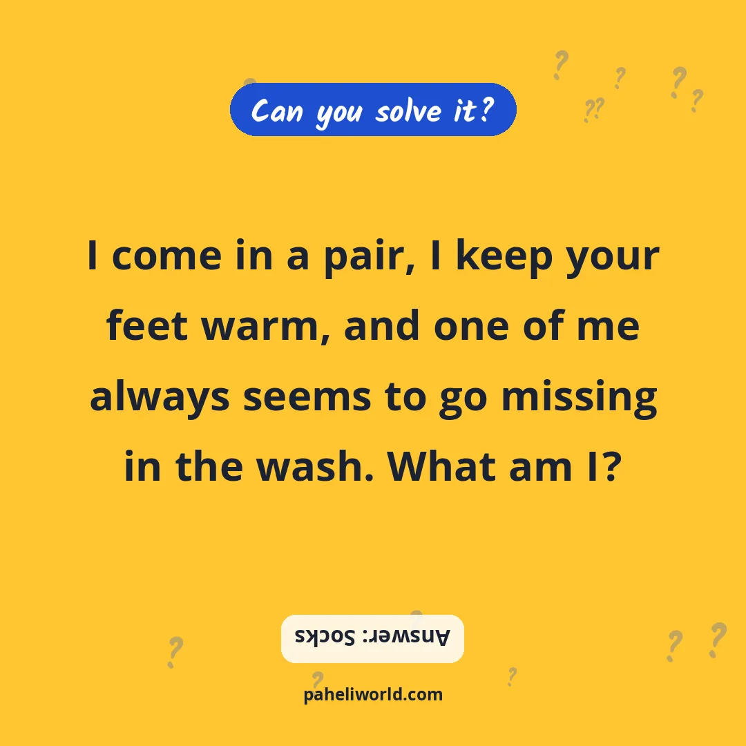 Riddle: I come in a pair, I keep your feet warm, and one of me always seems to go missing in the wash. What am I?