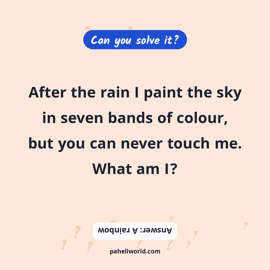 Riddle: After the rain I paint the sky in seven bands of colour, but you can never touch me. What am I?