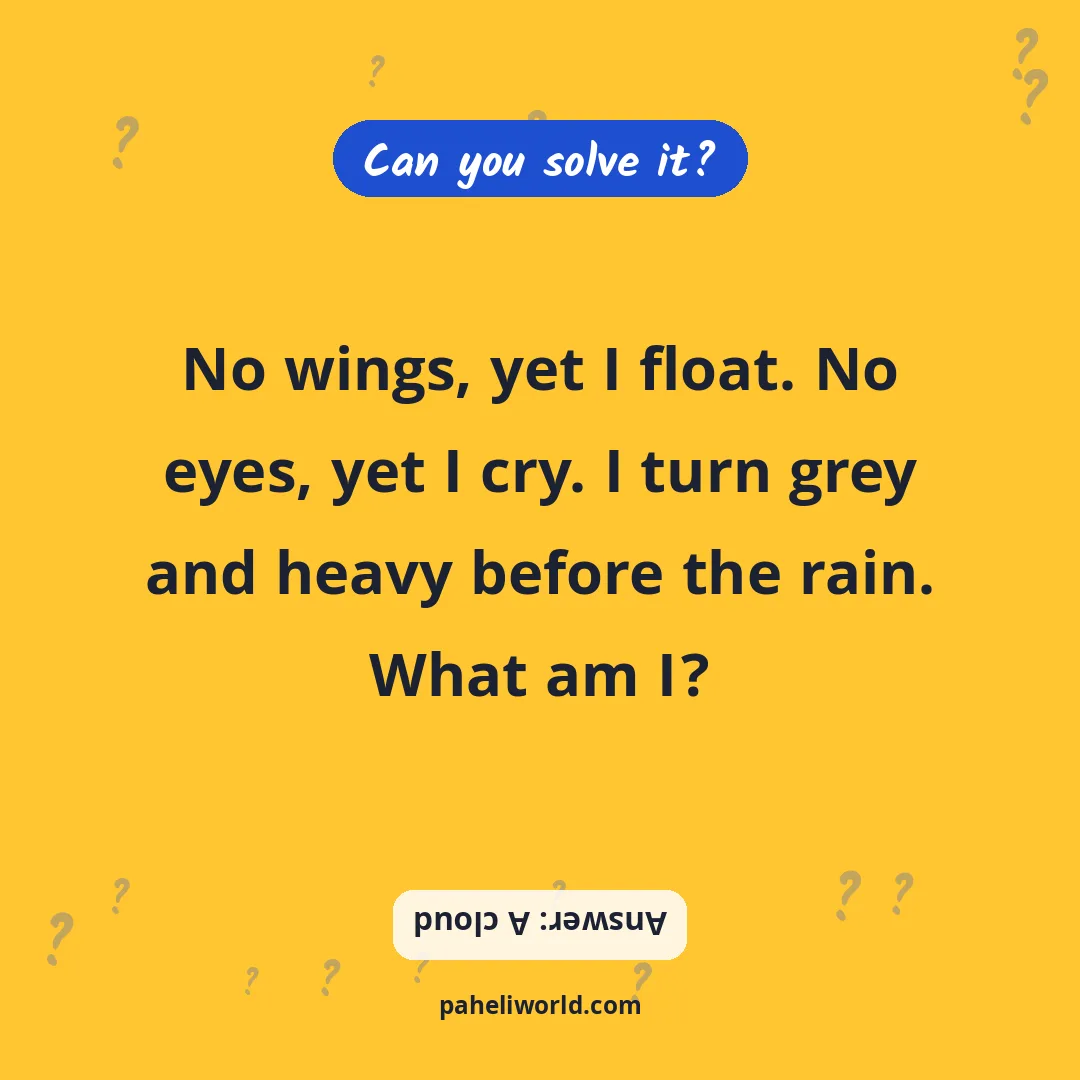 Riddle: No wings, yet I float. No eyes, yet I cry. I turn grey and heavy before the rain. What am I?